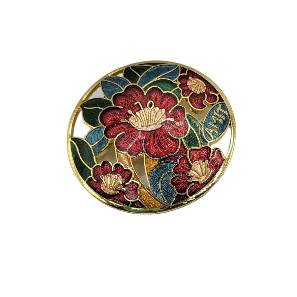Vintage Amit Red Hibiscus Flower Cloisonne Enamel Gold Tone Brooch Pin Pendant
